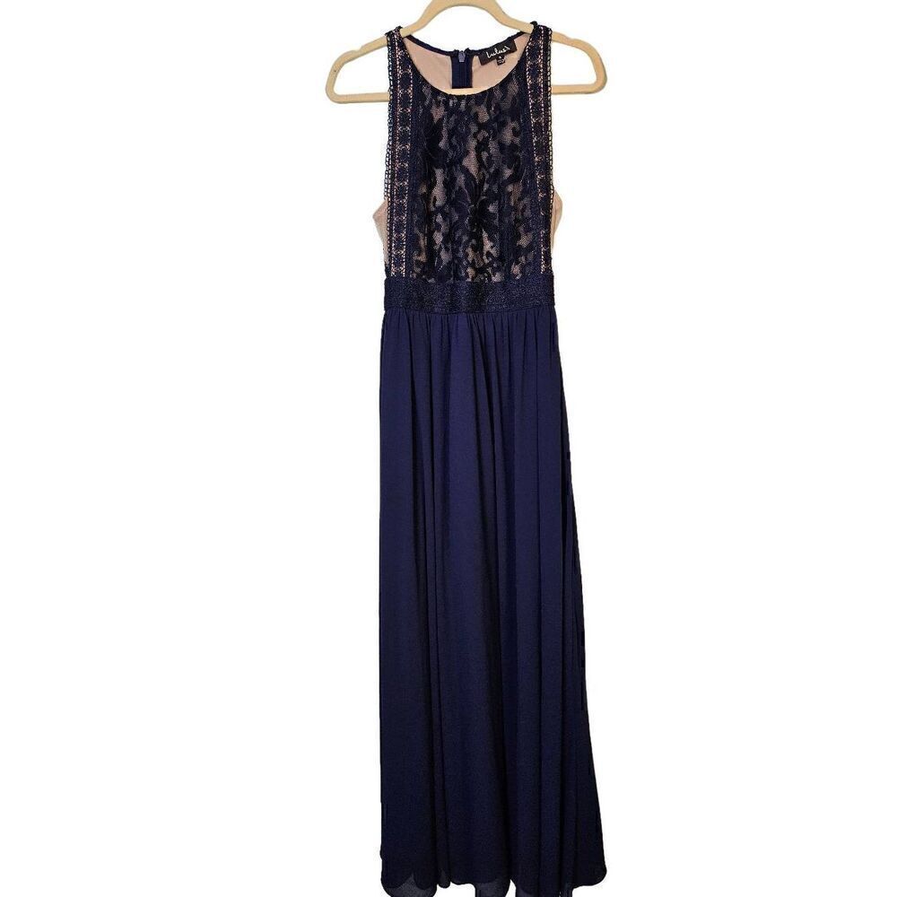 Lulus navy blue sleeveless lace overlay top formalβdress. SizeβS.